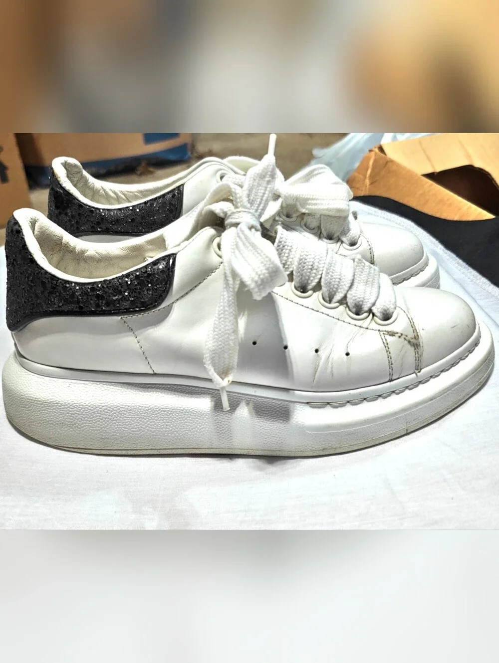 Alexander McQueen White Leather Platform Sneakers with Black Glitter Heel Tab - Picture 1 of 7